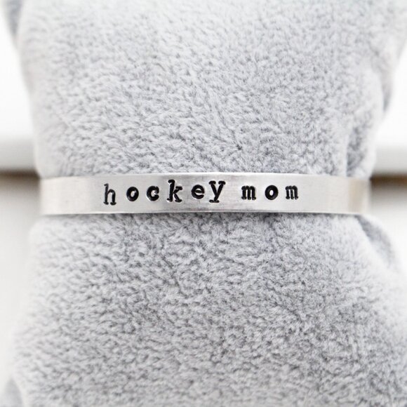 Hockey Mom - Hand Stamped Anodized Aluminum Bangle - Adjustable - Picture 10 of 12